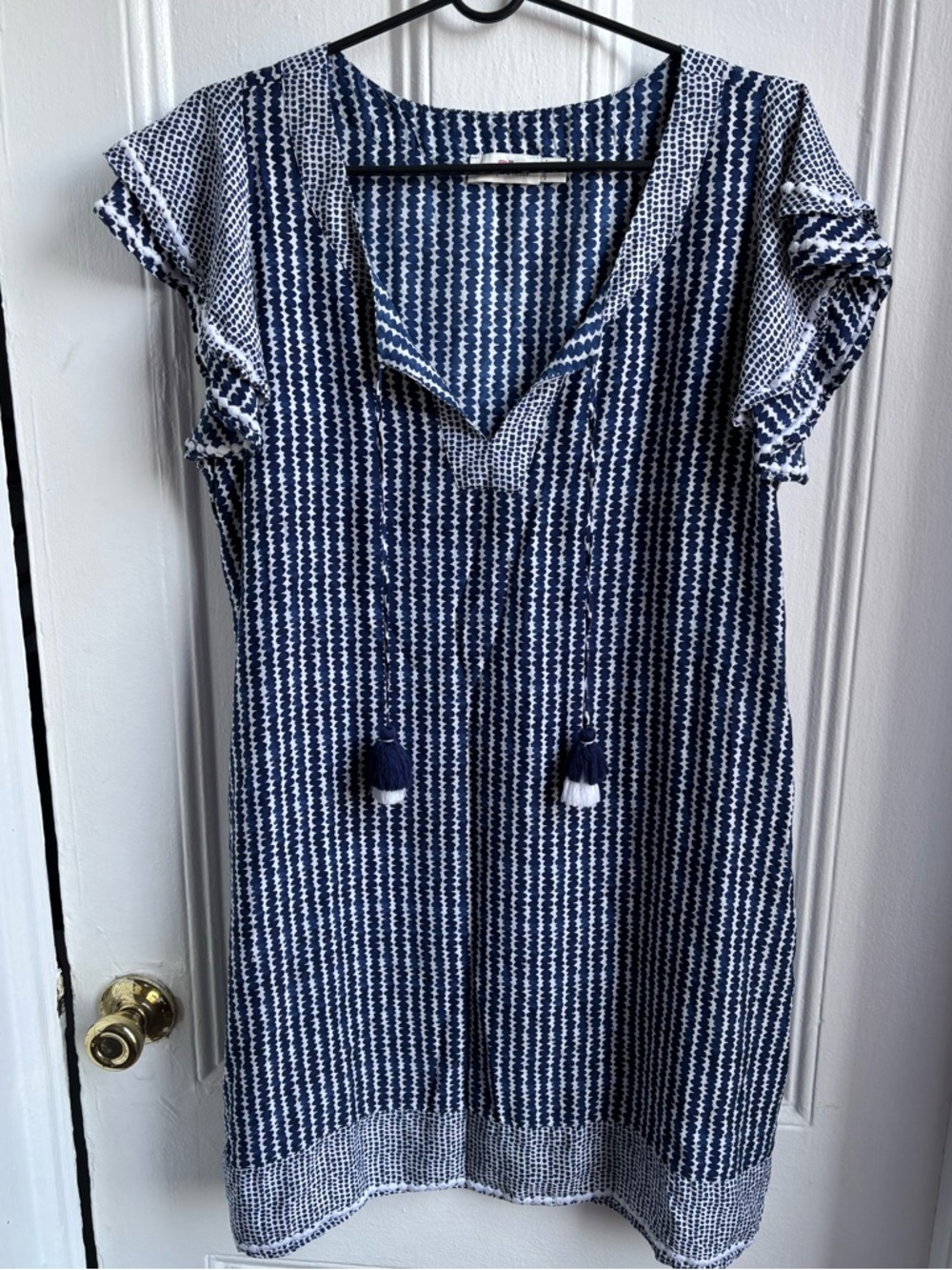 Vineyard Vines blue and white Dot Tunic dress XL rayon silk embroidered detail